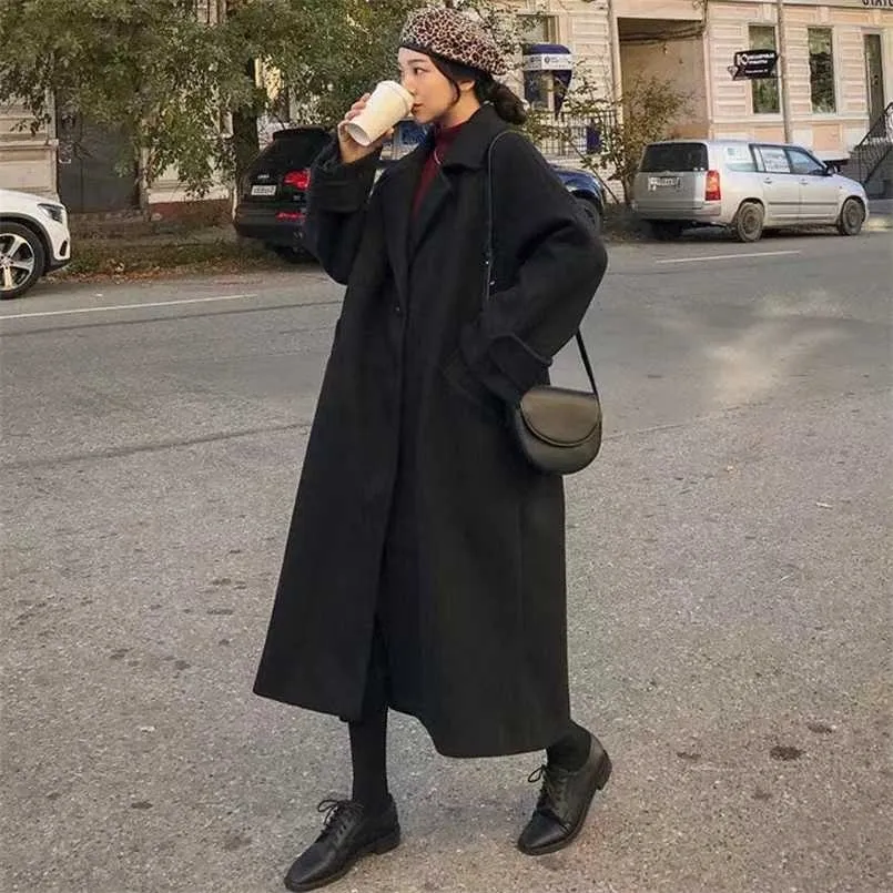 Vrouw lange jas mode koreaanse preppy stijl retro veelzijdige windjack casual warm wollen jas oversize lente vrouwen jas 211104
