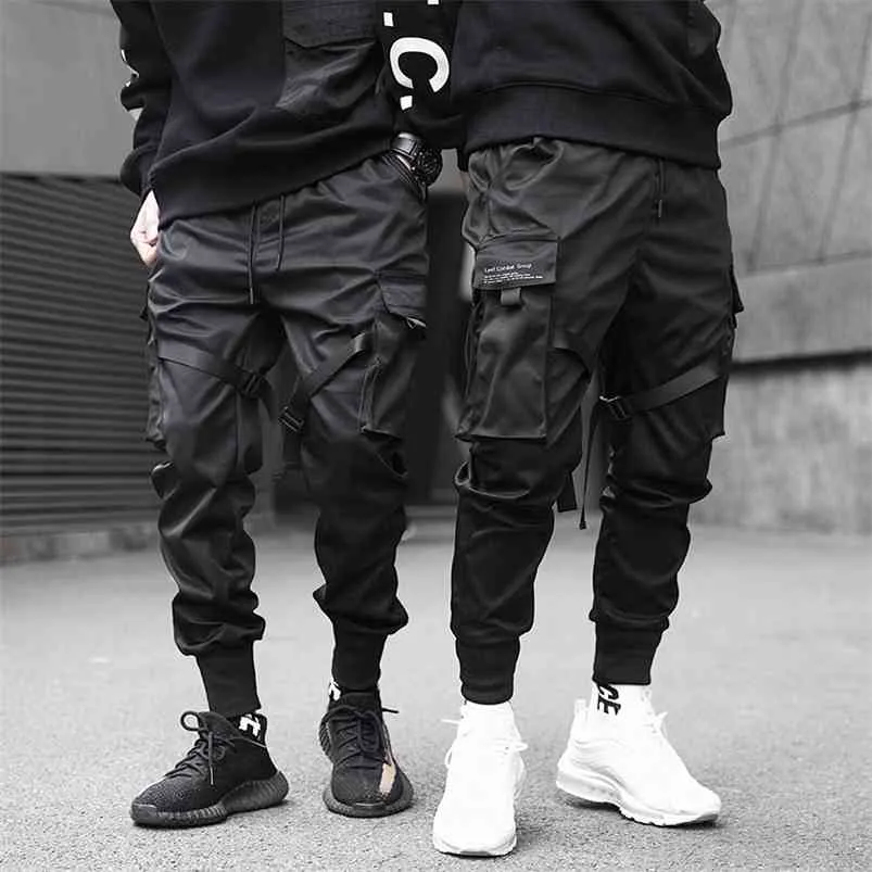Män lastbyxor svart band blockera multi-pocket harem joggare hajuku sweatpant hip hop casual manliga byxor 210715