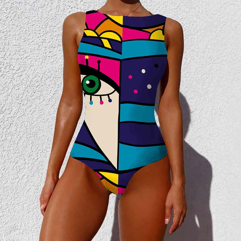 Personality Abstract Print Swimsuit Women Body Swimwear Bodysuit Swimming Wear Bathing Suit Lady Beachwear Plus Size 210515