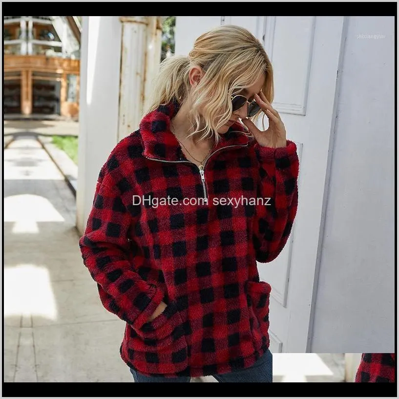 Womens Jackets Teddy Cashmere Plaid Fleece Women 2021 Casual Pocket Thick Warm Camouflage Winter Pullover Jacket Coat Streetwear1 J8R0 Eblpk