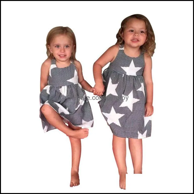 Cute Cotton Girls A-Line Dresses Summer 2017 Baby Kids Girls Sleeveless Beach Sundress Star Stripe Party Dress