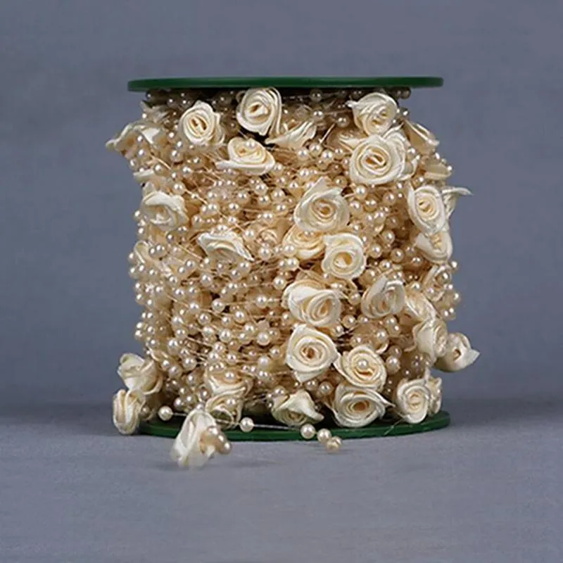 装飾的な花の花輪30メートル美しいサテンローズ釣り糸パールスプレービーズガーランドの結婚式の木のテーブルの装飾の作成diy acce