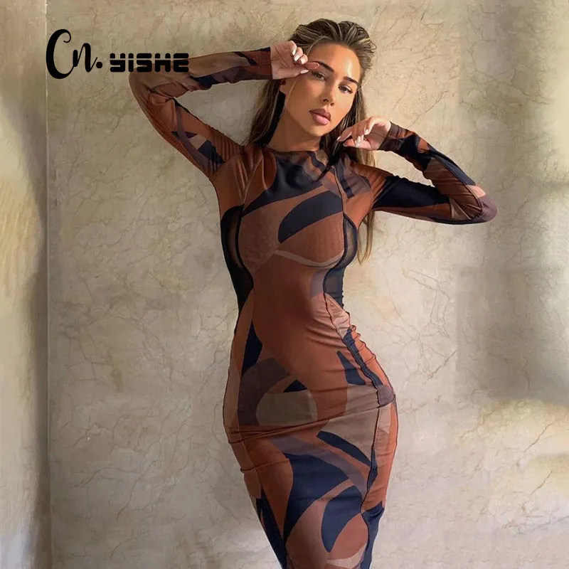 Cnyishe Seksi Kılıf Midi Elbise Kadın Bahar Streetwear Giyim Kravat Boya Baskı O-Boyun Uzun Kollu Elbiseler Kadın Cornes Vestidos 210419