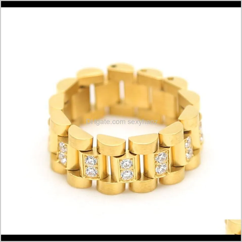Cluster Drop Delivery 2021 Hip Hop Men Stainless Steel Chain Ring Zircon Rhinestone Three Bead Watch Strap Golden Rings Fashion Punk Jewelry
