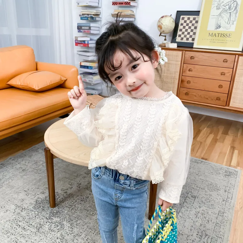 韓国風のファッションレースメッシュパッチワーク長袖人形ブラウス高品質バックレースアップトップ210508