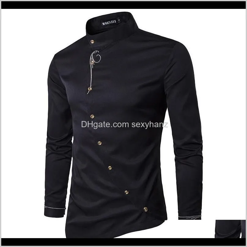 oblique buttons irregular hem s-2xl fashion men`s shirts full sleeve embroidery casual young boys tops slim fit shipping1