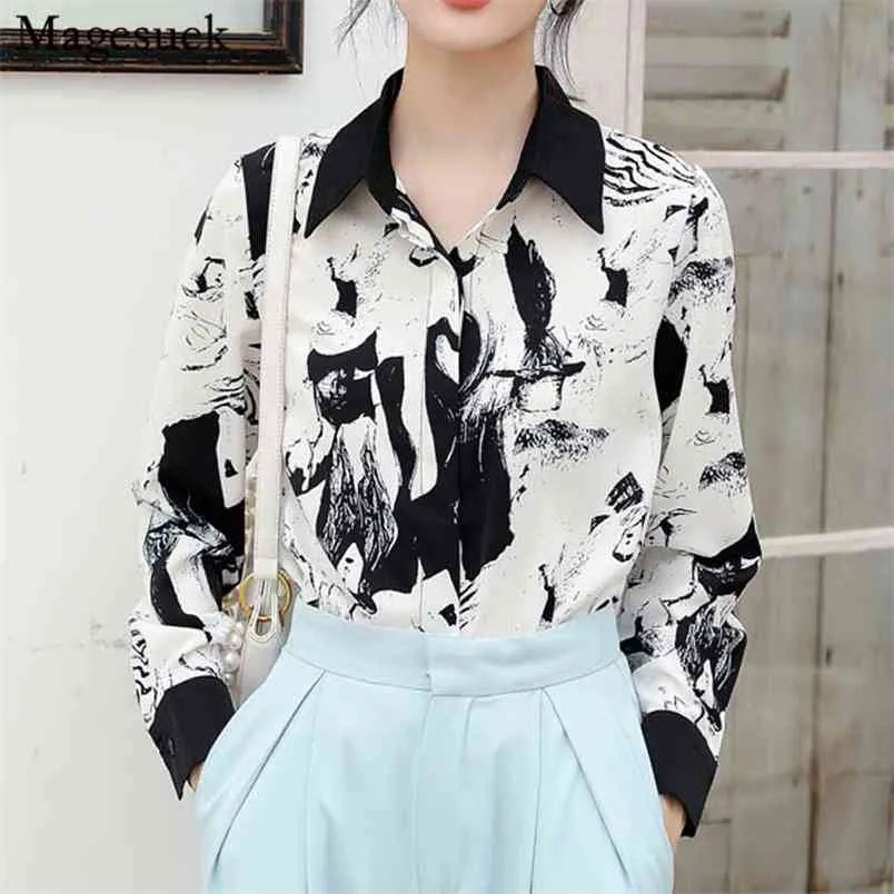 Korean Long Sleeve Vintage Blouse Women Color Patchwork Print Button Up Shirt Casual Office Blouses Blusas 11460 210512