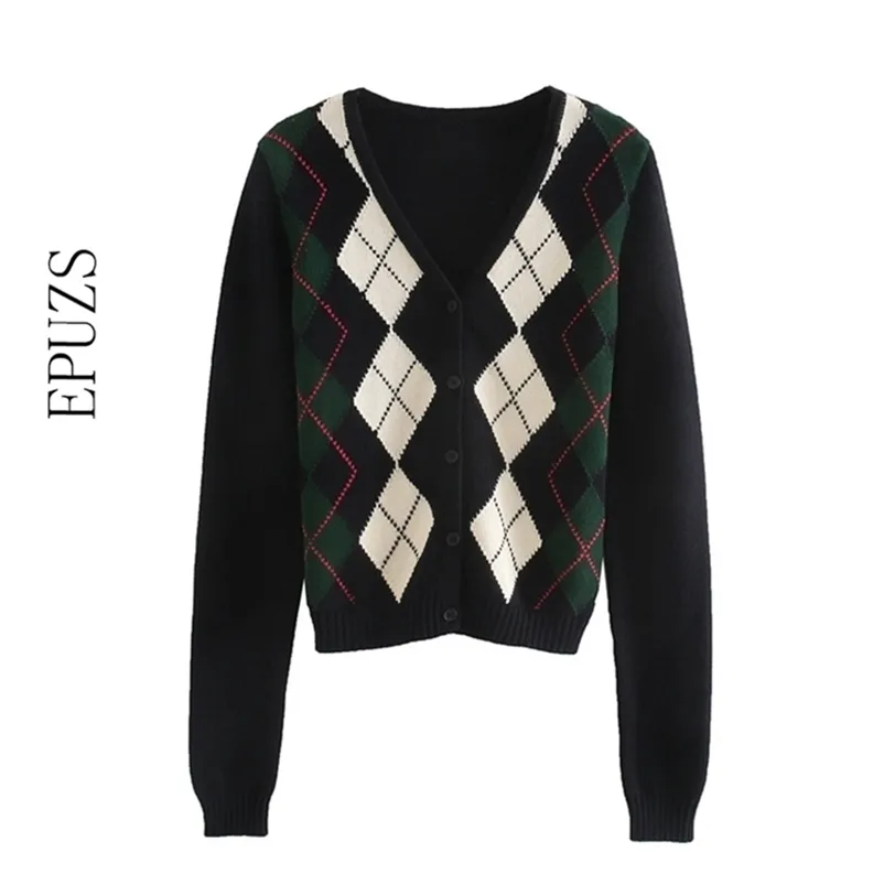 winter argyle knitted cardigans women vintage Korean sweater long sleeven V-Neck s fashion butoon crop 210521