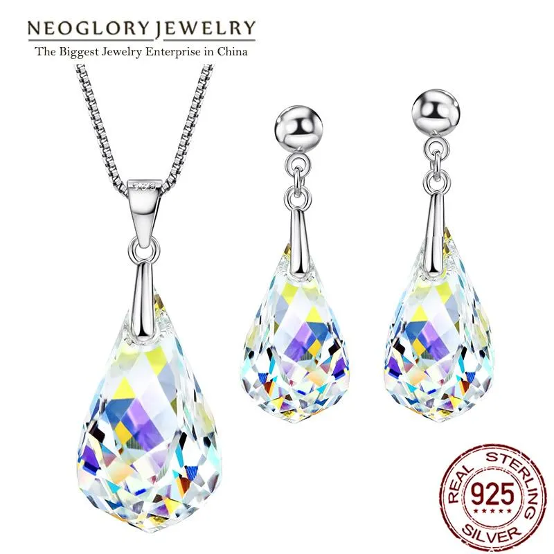 Brincos Colar Neoglory Jewelry Conjuntos Colares transparentes Casamento para mulheres 2021 presentes embelezados com cristais de