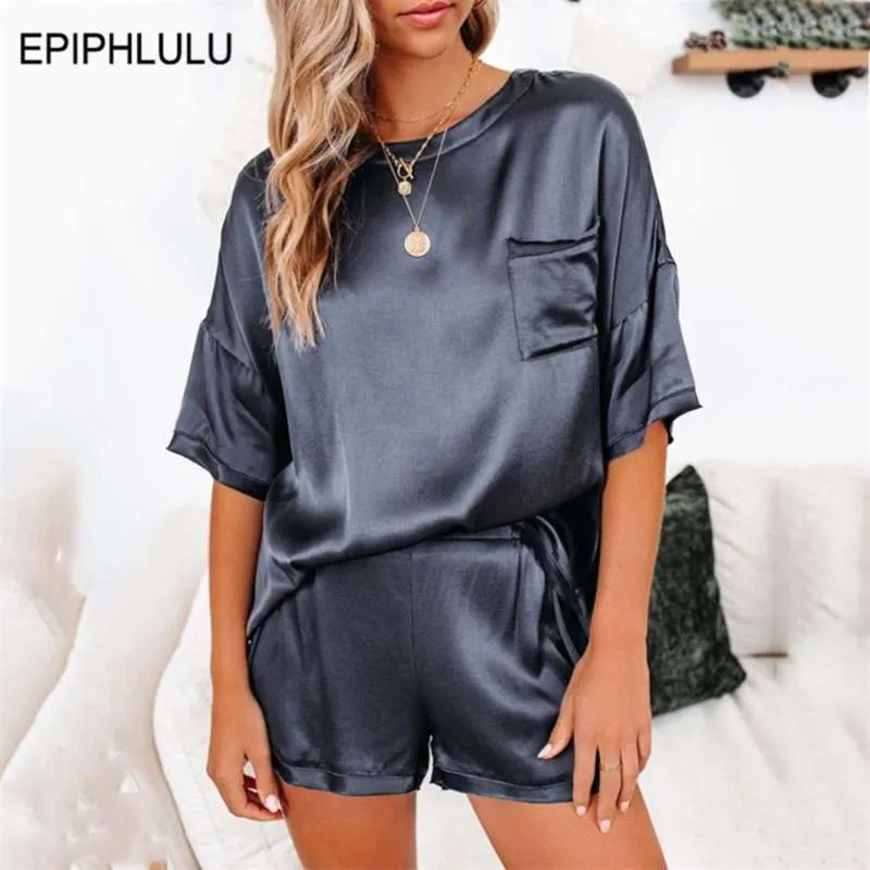 Sommar satin pyjamas set kvinnor imiterade silke pyjamas sexig silke sleepwear homewear kvinnliga lösa lounge slitage set pjs kvinnor 210928