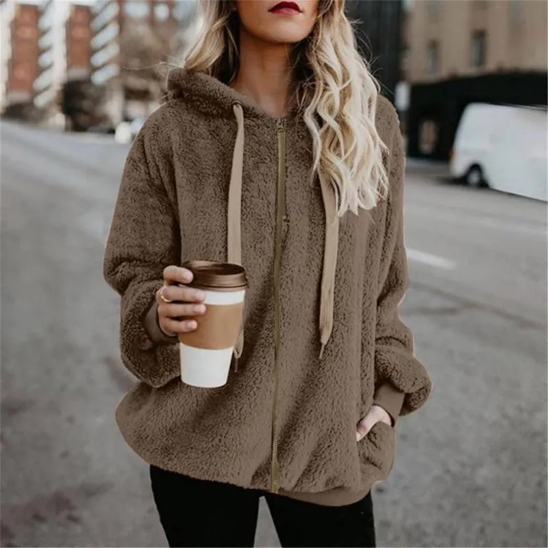 Women's Hoodies & Sweatshirts Women Fleece Teddy Zipper Pocket Hooded Coat Winter Warm Wool Zip-up Cotton Outwear Casual Sweatshirt