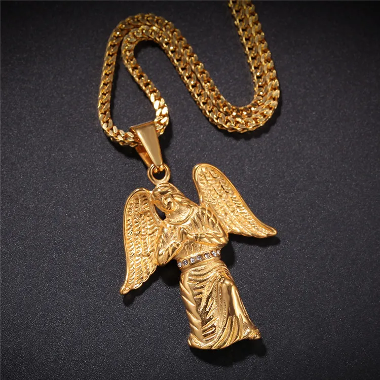 Hip Hop Ze Stali Nierdzewnej Gold Lady's Angel Skrzydła Wing Wisiorek Dla Kobiet Mężczyźni Biżuteria Naszyjnik z Kamieniami