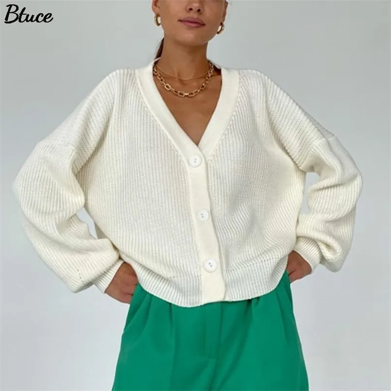Lady Casual V-neck Knitted Loose Cardigan Women Buttons Lantern Sleeve Sweaters Female Basic White Autumn Winter Tops 210917
