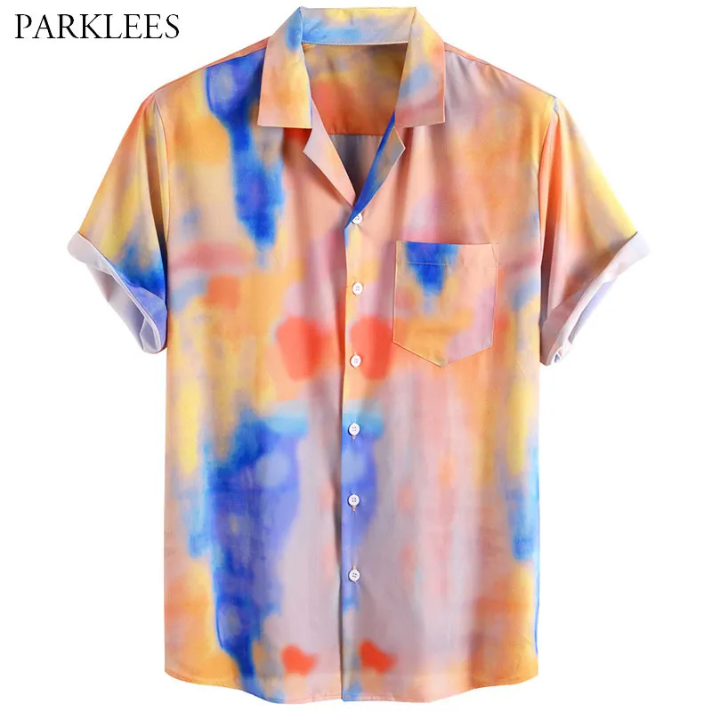 Tie-dye Splash Ink Été Hommes Chemise Mode Casual Chemise Homme Revers Bouton Hommes Chemise À Manches Courtes avec Poche Streetwear 210524