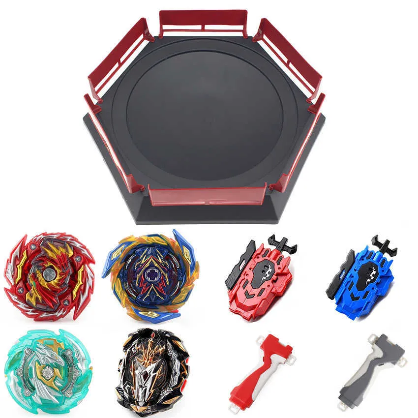 L'ensemble chaud contient 4pcs Beyblades 1pcs Gyro Arena 2pcs Lanceurs gauche et droit 2pcs Poignée Lame Lame Métal Burst Battle Toy Cadeau X0528