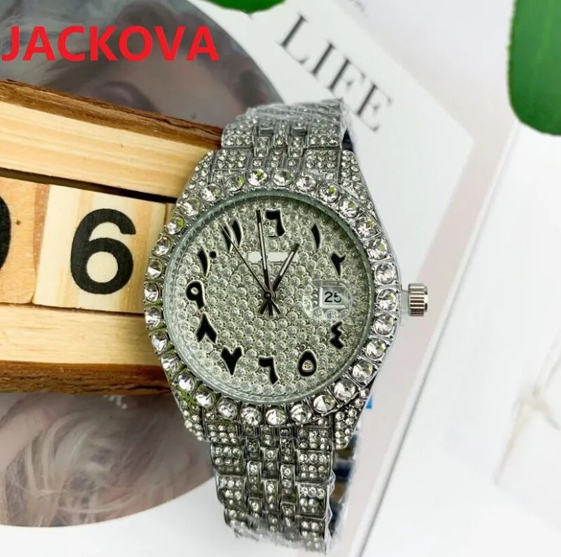 Fashion Mens Women Diamonds Ring Arabic Dial Watches Iced Out Day