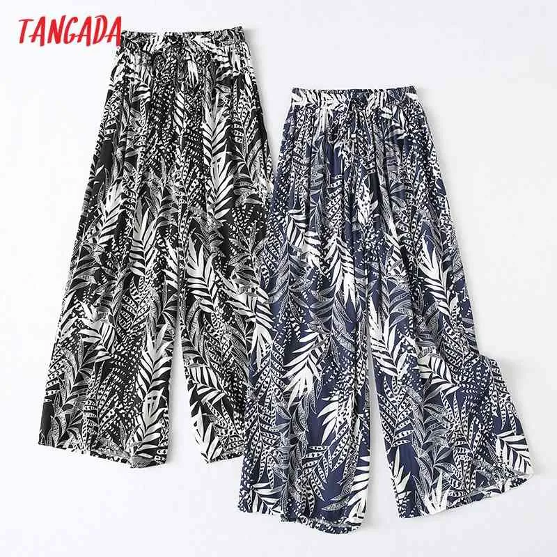 Pantalones de pierna ancha con estampado floral verde para mujer Pantalones de mujer de cintura elástica de estilo vintage Pantalon YU28 210416