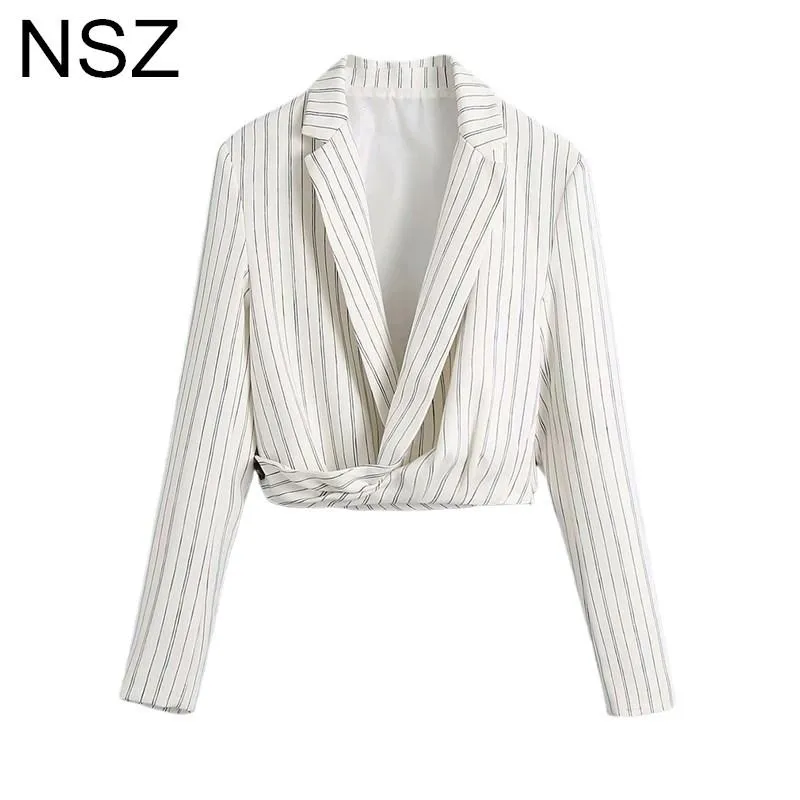 Blazer per abiti da donna NSZ Blazer corto a righe bianche da donna 2021 Capispalla per cappotto da donna elegante e chic