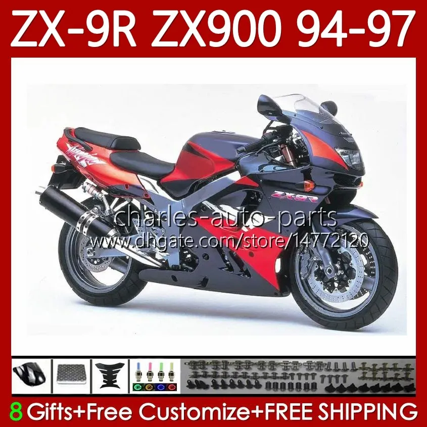 Kroppskit för Kawasaki Ninja ZX-9R ZX900 ZX 9R 9 R 900 CC 1994-1997 Bodys 100NO.98 ZX9 R 900CC ZX-900 ZX9R 94 95 96 97 ZX900C 1994 1995 1996 OEM Fairing Black Red Blk