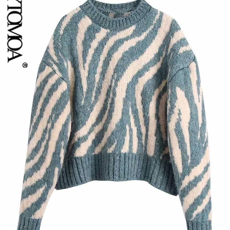 KPYTOMOA Moda Donna Jacquard Animal Print Crop allentato Maglione lavorato a maglia Vintage O Collo Manica lunga Pullover donna Chic Top 211123