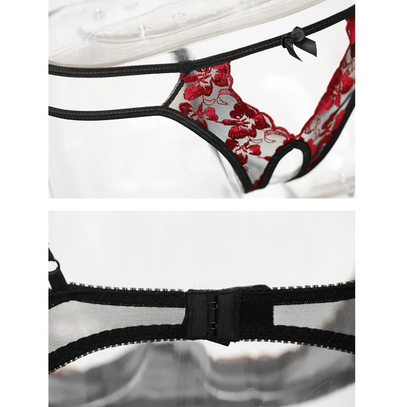 Red Embroidery Lace Bra Panty Lingerie Sexy Underwear Woman Open Crotch  Panties Thin Cup Flower Set Lenceria Encaje