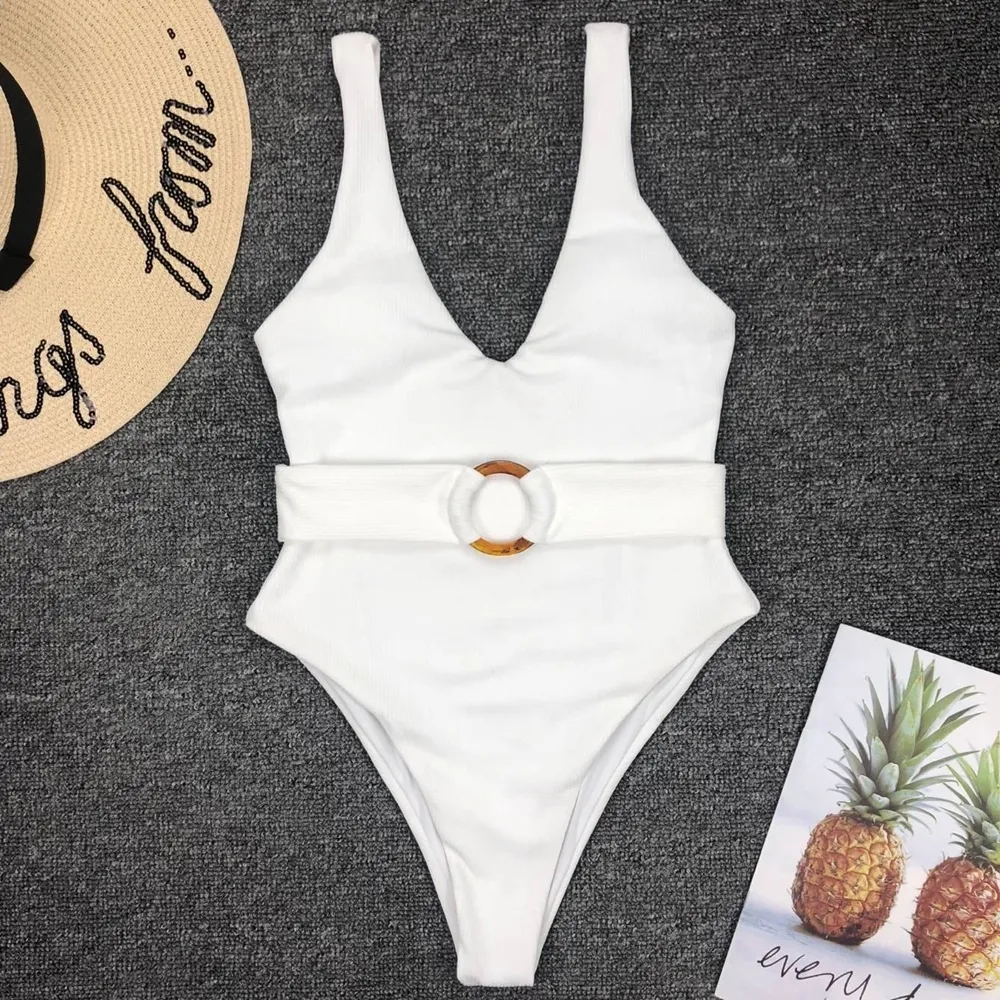 Women's Summer Outdoor Swimsuit Solid Color Sexy V-neck One-piece Swimwear with Belt and Amber Loop One-pieces Swim Jumpsuits Girls Bathing Suit