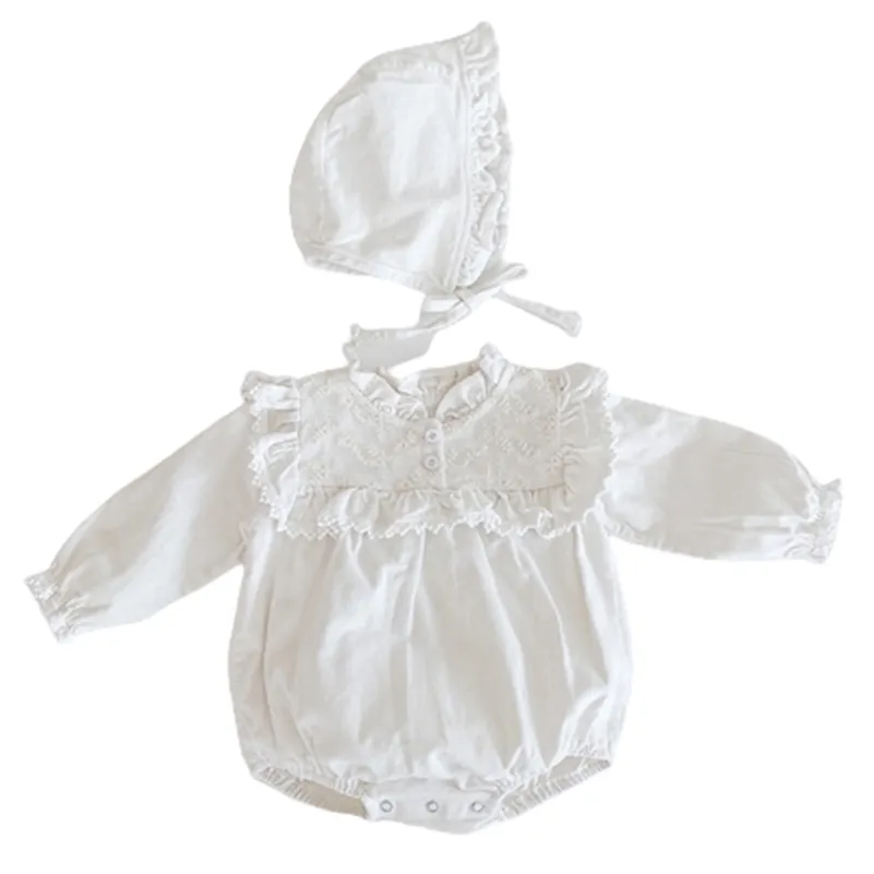 0-3 ans fille printemps fille dentelle fleurs à manches longues coton une pièce vêtements + chapeau bébé body 210417