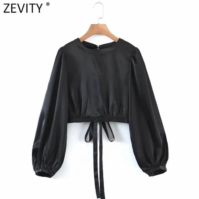 Frauen Mode O Neck Solid Black Short Smock Bluse Femme Sexy Backless Kimono Shirt Chic Lace Up Blusas Tops LS7669 210420