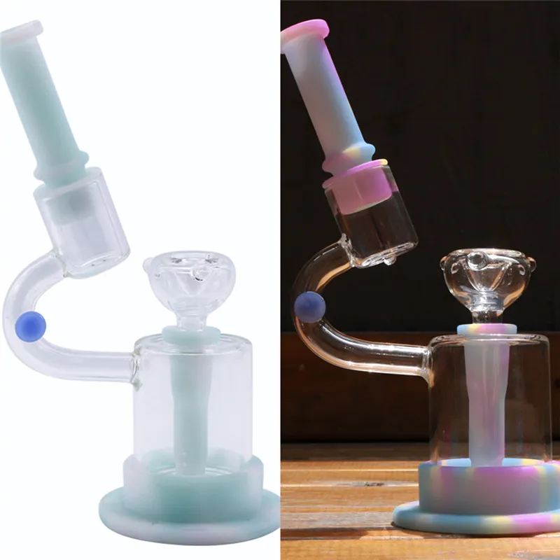 8 inches Hookahs Microscope Designer Glas Bong Gloed in Donkere Waterpijp Verandering Kleur Zonneschijn Rig Lichtgevende Siliconen Pijpen met Kom Verkleuring Roken Tool