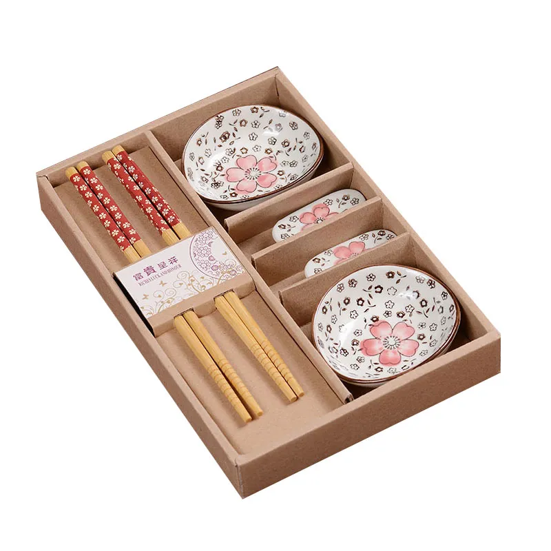 Japanese Cherry Blossom Ceramic Sushi Dinnerware Set with Soy Sauce Dishes Bamboo Chopsticks For 2 Person Gift Packing