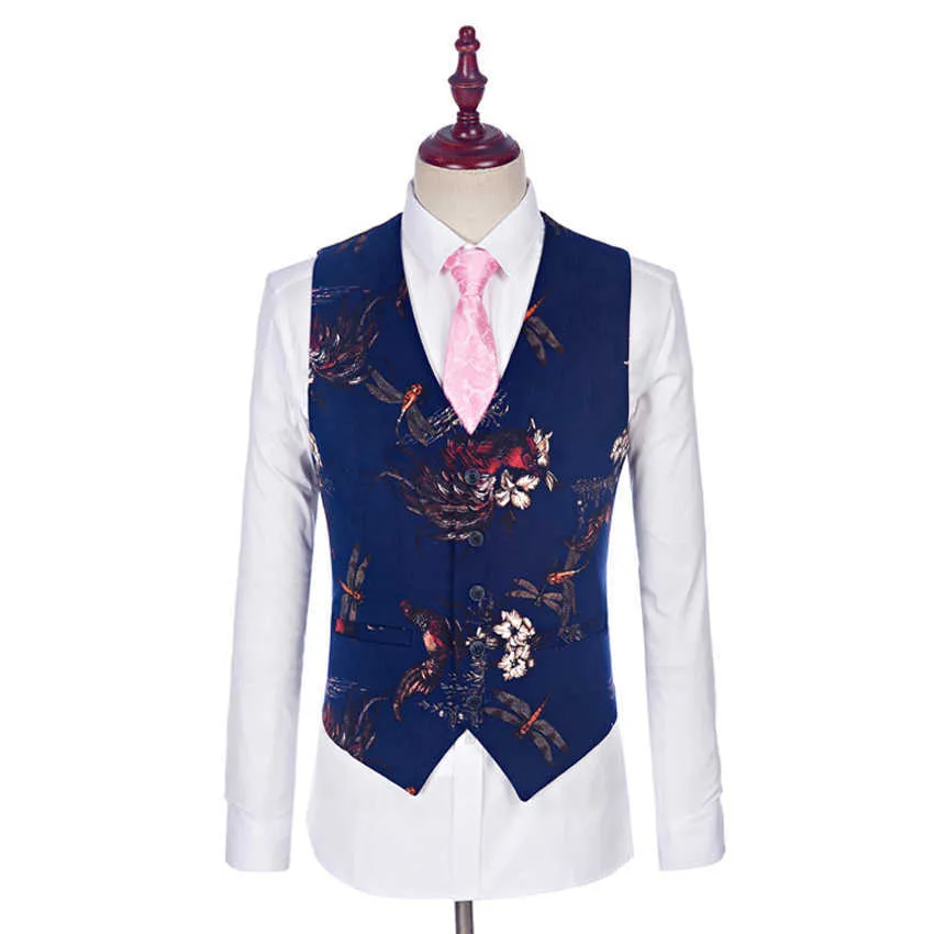 New Design Velvet Man Vest And Pant Floral Print Waistcoat For Wedding Groomsmen X0909