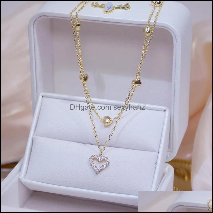 Gold Color Double Layer Heart Necklace Women Shining Bling Zircon Pendant Clavicle Chain Ball Charm Wedding Necklaces Jewelry