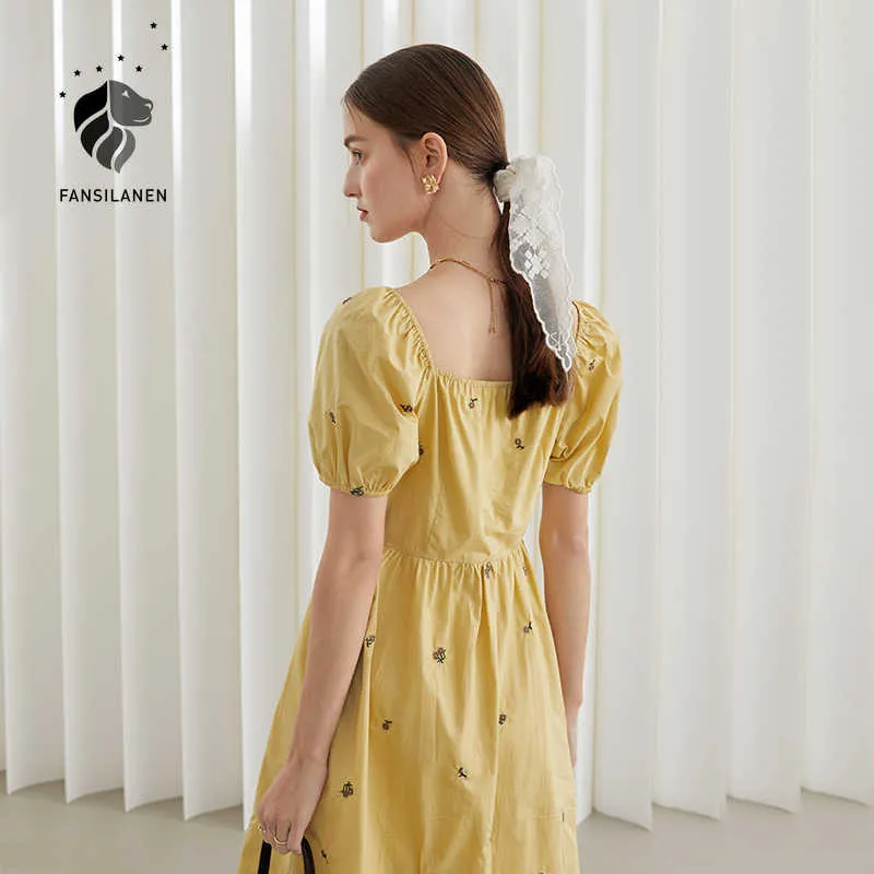 FANSILANEN Office Lady 100% Cotton French Retro Square Collar Yellow Dress Women Summer Gentle Style A-line Skirt 210607