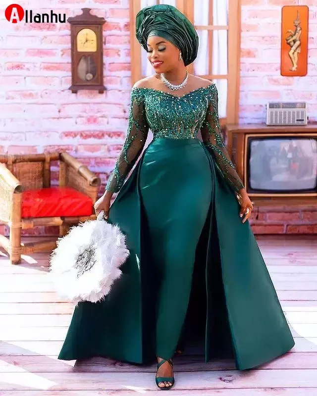 NUOVO! 2022 Plus Size Arabo Aso Ebi Hunter Green Guaina Prom Dresses Perline Paillettes Pizzo Sera Formale Festa Secondo Ricevimento Compleanno Abiti da damigella d'onore Abito