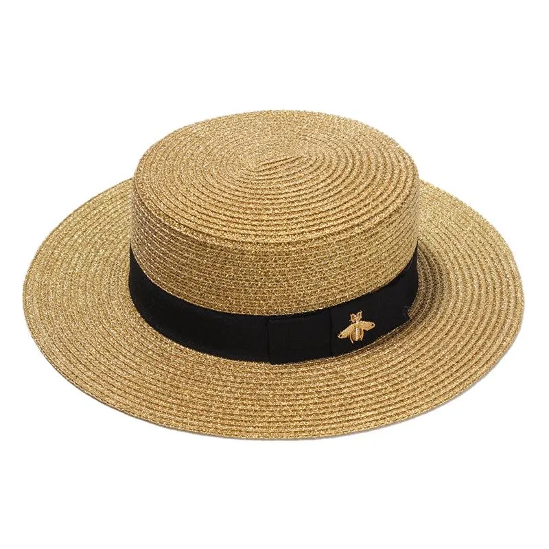 Straw Cap Fashion-Woven Wide-brimmed Gold Metal Bee Fashion Wide Parent-child Flat-top Visor Woven Ready To Ship