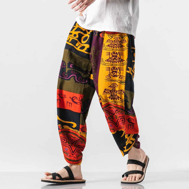 5XL Plus Size Cotton Linen Harem Pants for Men Jogger Casual Pants Male Pattem Print Retro Trousers Chinese Style Men Clothing 210601