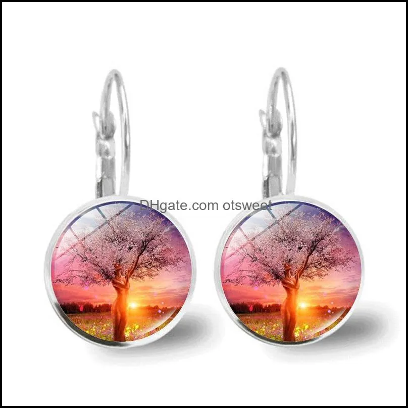 Tree of Life Silver Color Earrings Fashion France Cabochon Glass Earrings for Women EarHook Earrings Life Tree Glass Cabochon Jewelry