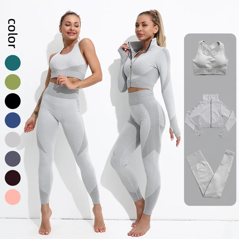 High Waist Yoga Seamless Workout Leggings And Tracksuit Set For