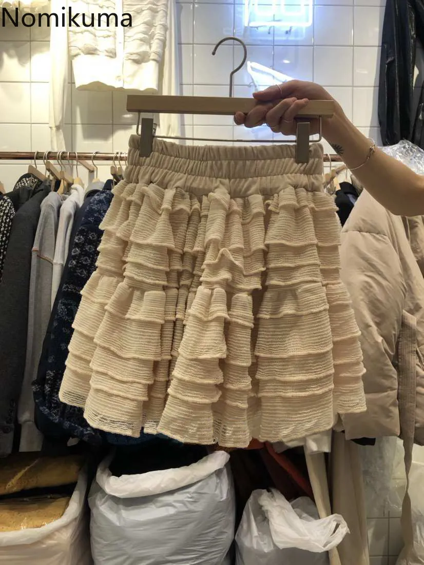 Nomikuma vår sommar kvinnor kjol koreanska lagrade ruffle söta kjolar stretch hög midja a-line mini faldas mujer 6e231 210427