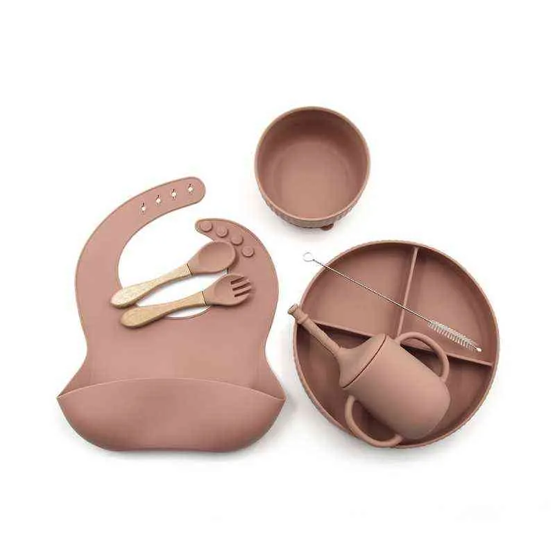 066B 6 Pcs Baby Silicone Bib Divided Dinner Plate Sucker Bowl Spoon Fork Water Cup Set Training Feeding Food Utensil Dishes Kit G1210