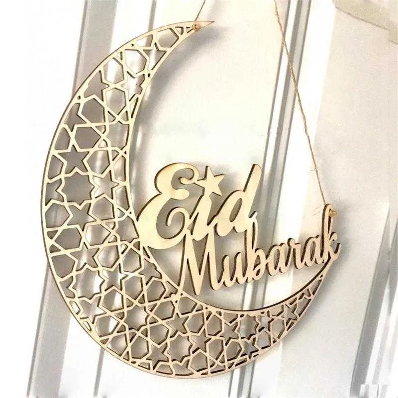 1 pièces décoration du Ramadan pour la maison en bois Eid Mubarak Plaque lune Islam musulman pendentif suspendu fournitures en bois creux Y0730