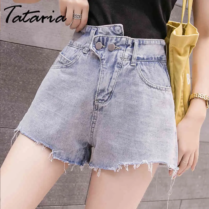 Tataria hög midja oregelbundet brett ben jeans shorts kvinnlig lös avslappnad tunn kant kvinnor sommar sexiga mini kjolar 210514