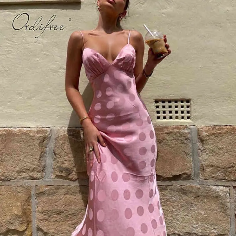 夏の女性サテンスリップセクシーなスパゲッティストラップピンクの水玉パーティードレス210415