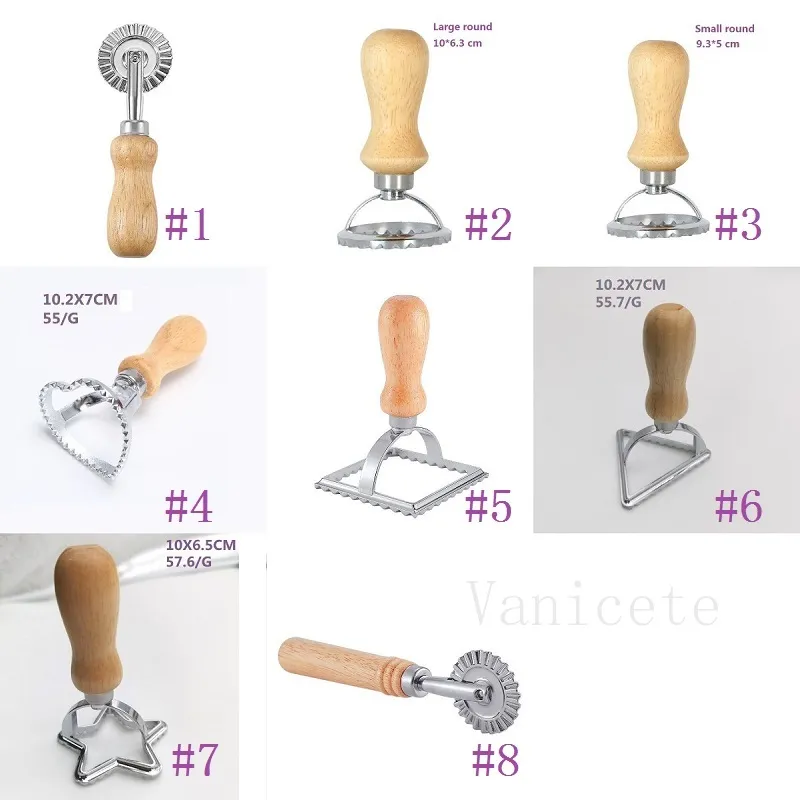 Keukengereedschap vorm vierkante hart ronde ravioli stempel dumpling wrapper mal pasta koekjesdeeg snijsnijder aluminium met strandhout handvat bij zee T9I001765