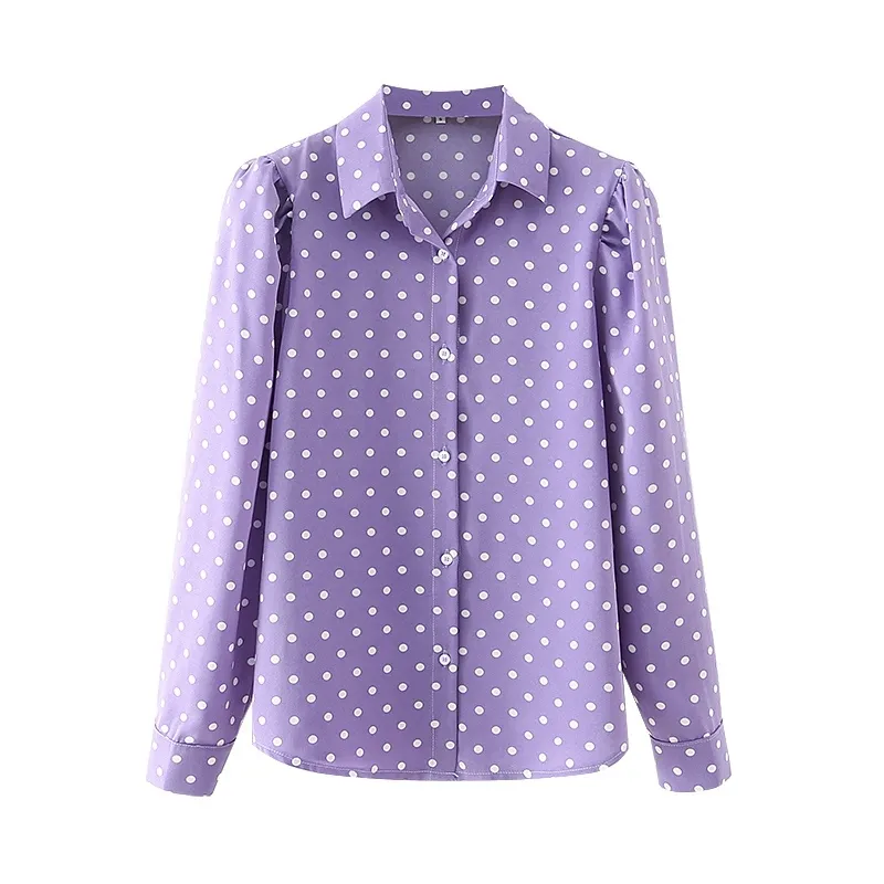 Eleganckie kobiety Polka Dot Purple Koszulki Moda Damska Rękaw Puff Topy Słodka Kobieta Chic Odwróć kołnierzowe bluzki 210430