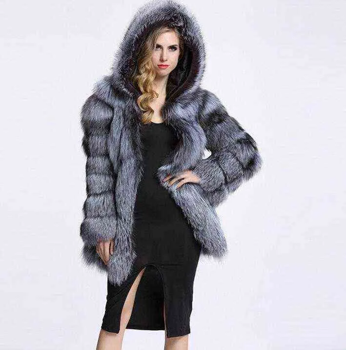 Artificial fur stitched fur one women's medium long 9 / 4 sleeve hooded imitation fur coat women 211207