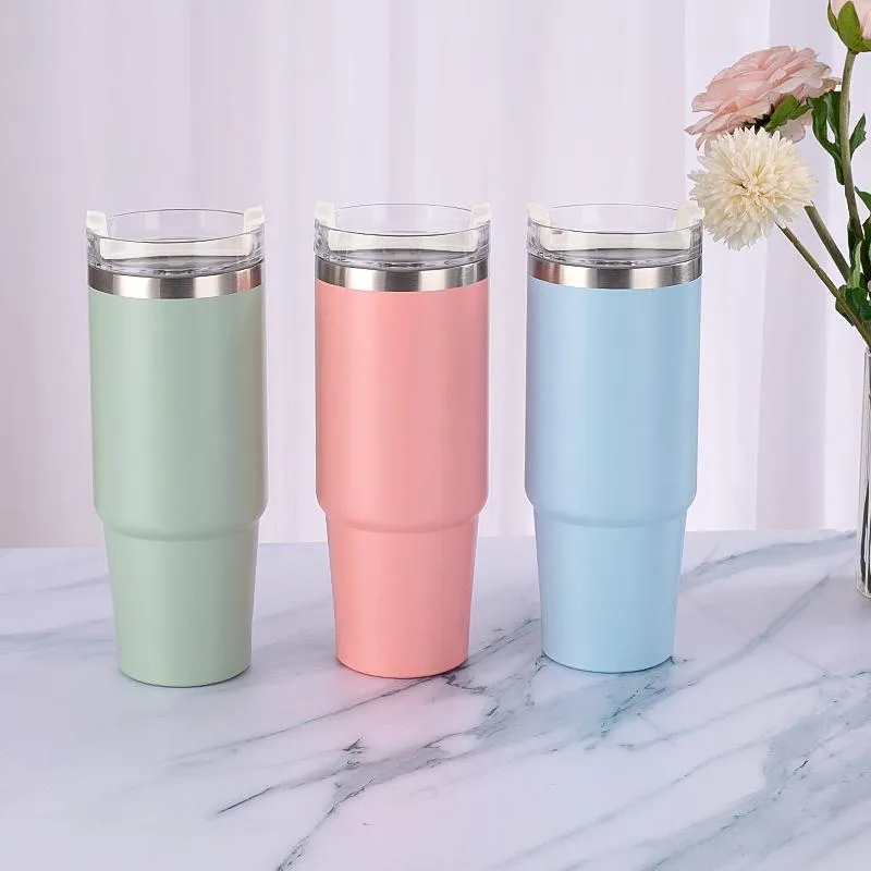 30 oz double paroi en acier inoxydable fiole à vide voiture portable isolé gobelet avec couvercle paille extérieur thermos tasses à café voie maritime JJA12161