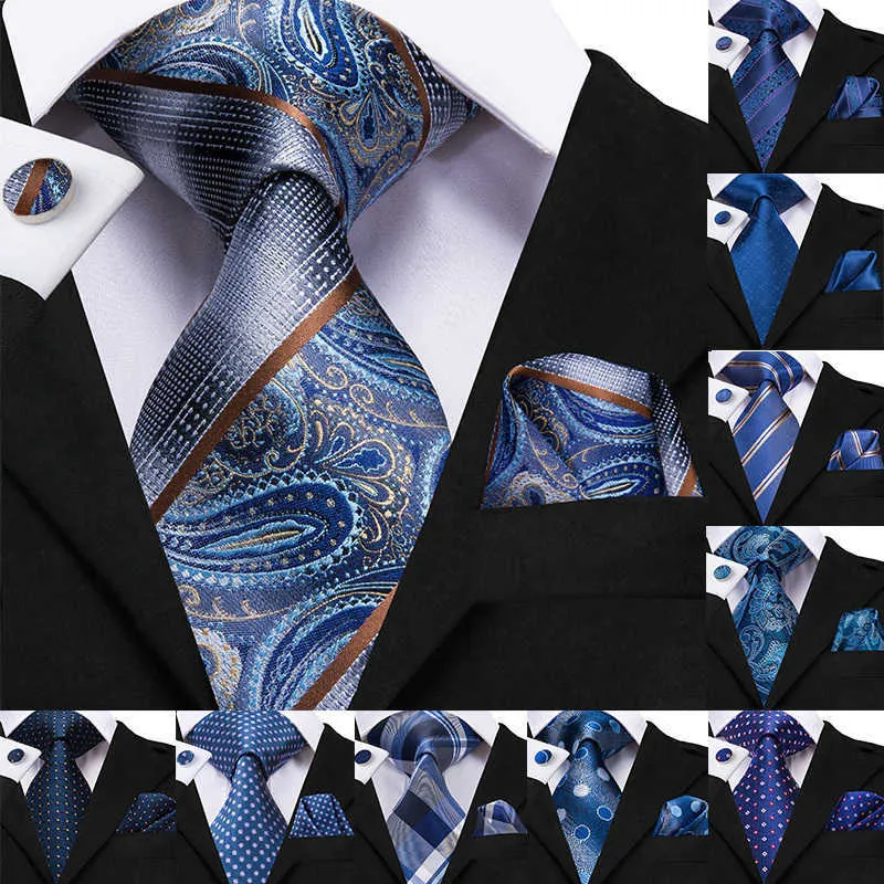 8.5cm Silk Men's Fashion Blue Necktie Handkerchief Manschettknappar Set Mäns Bröllopsfest Business Tie Set