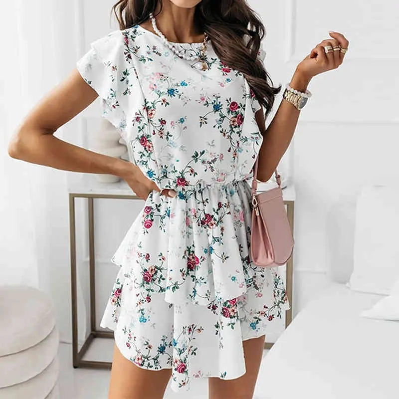 Sommar mode lös blommig tryckt ruffled kortärmad dubbelskikt elegant klänning vestido feminino 210521