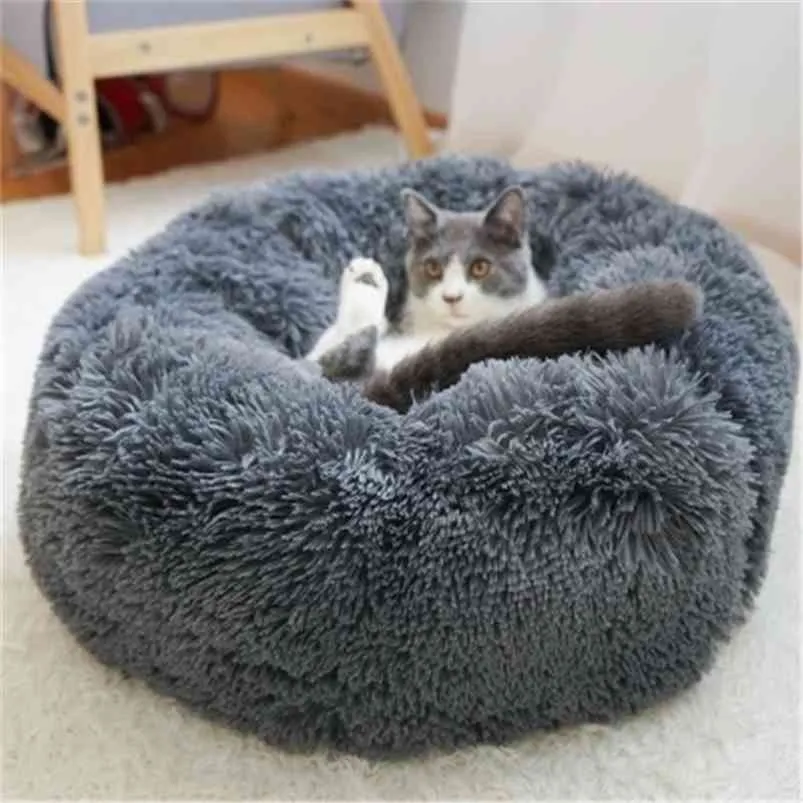 Okrągły kot łóżko Panier wlać Chien Super miękki Długi Pluszowy dom Pet Dog Zima Ciepła Głęboka Sleeping Puppy Poduszka Mata 210722